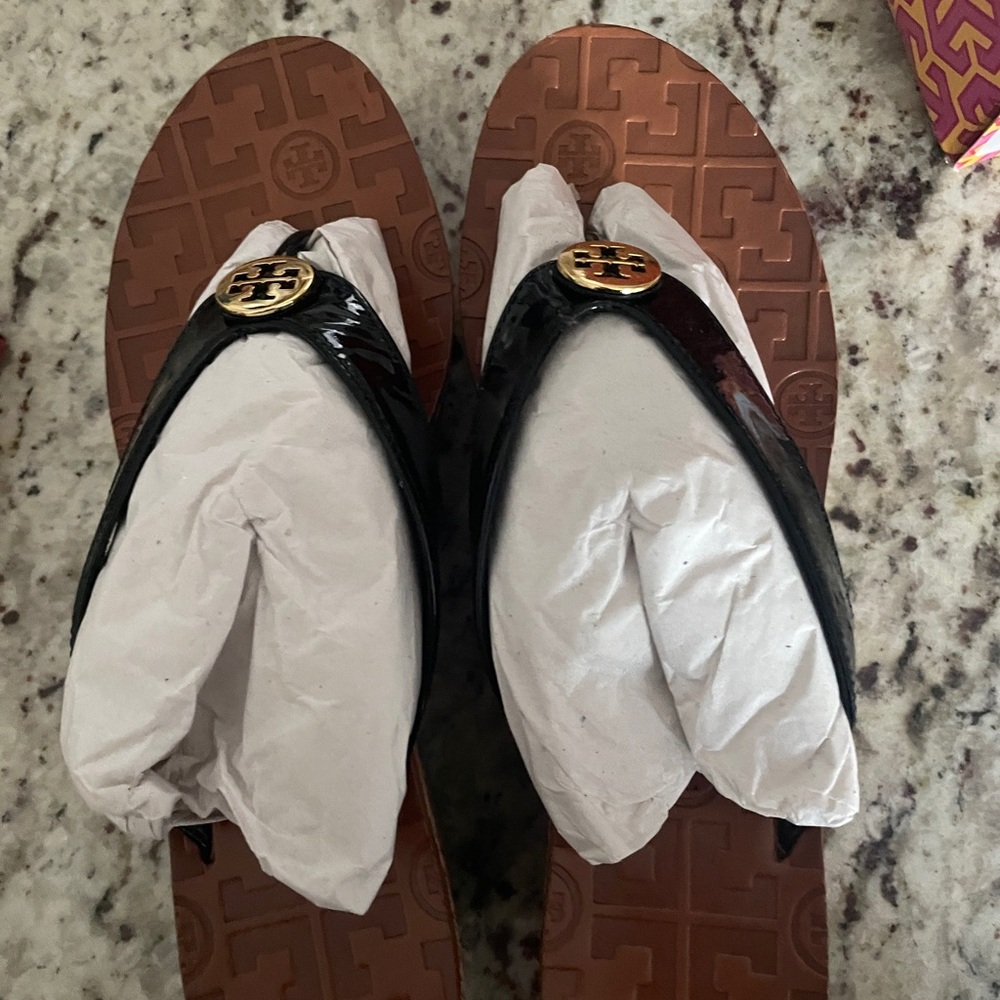 Tory Burch Black and Tan Flip Flops